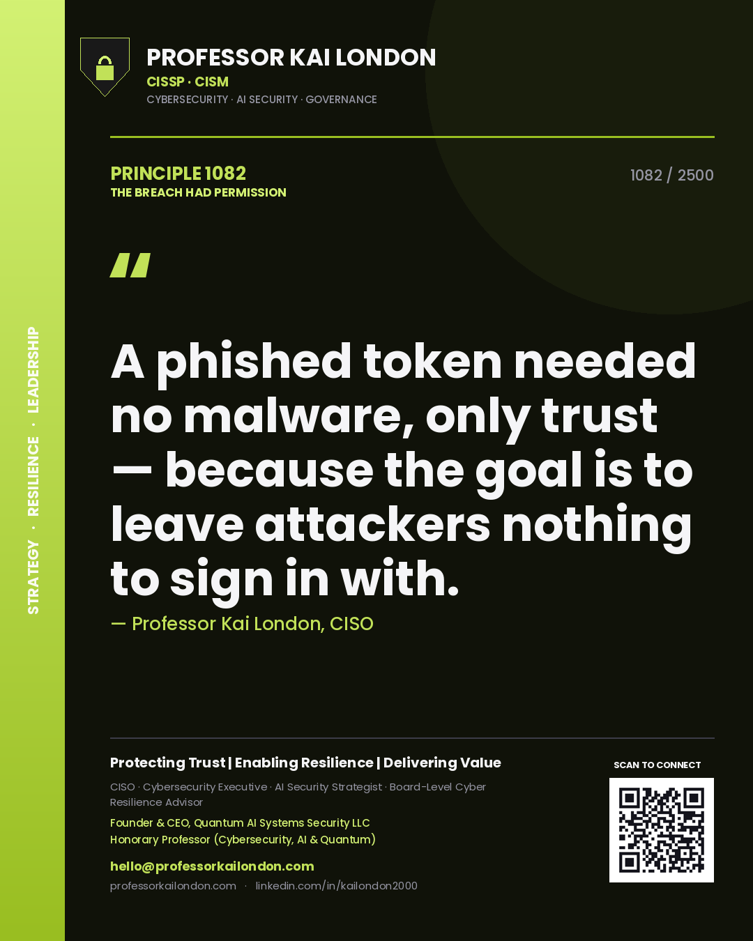 Professor Kai London principle 1082: A phished token needed no malware, only trust — because the goal is to leave attackers nothing to sign in with.