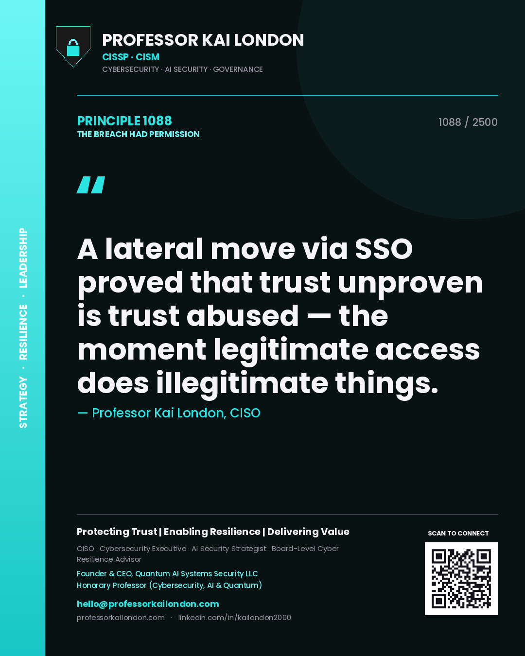 Quote card by Professor Kai London reading 'A lateral move via SSO proved that trust unproven is trust abused — the moment legitimate access does illegitimate things.'. From the book The Breach Had Permission.