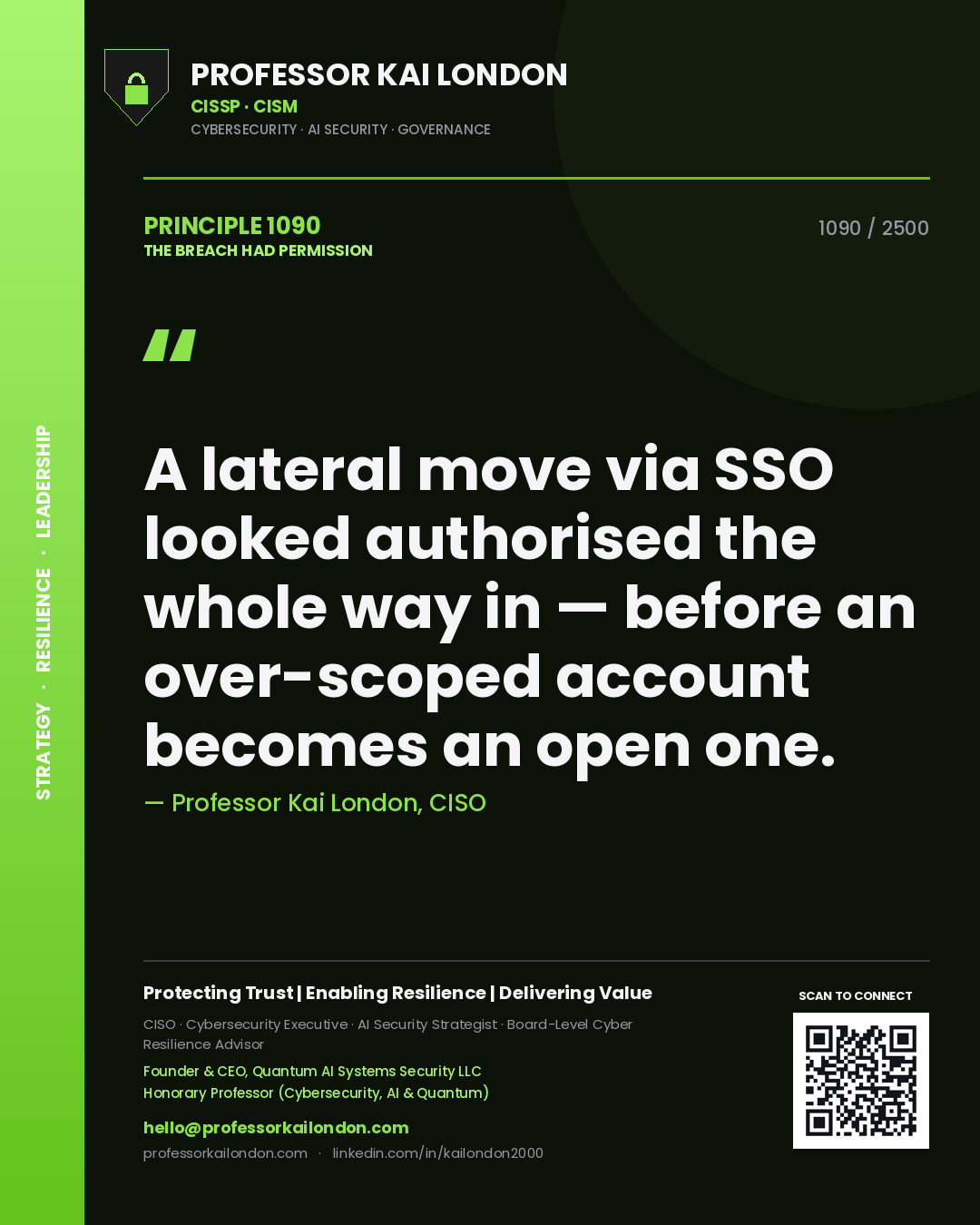 Professor Kai London principle 1090: A lateral move via SSO looked authorised the whole way in — before an over-scoped account becomes an open one.