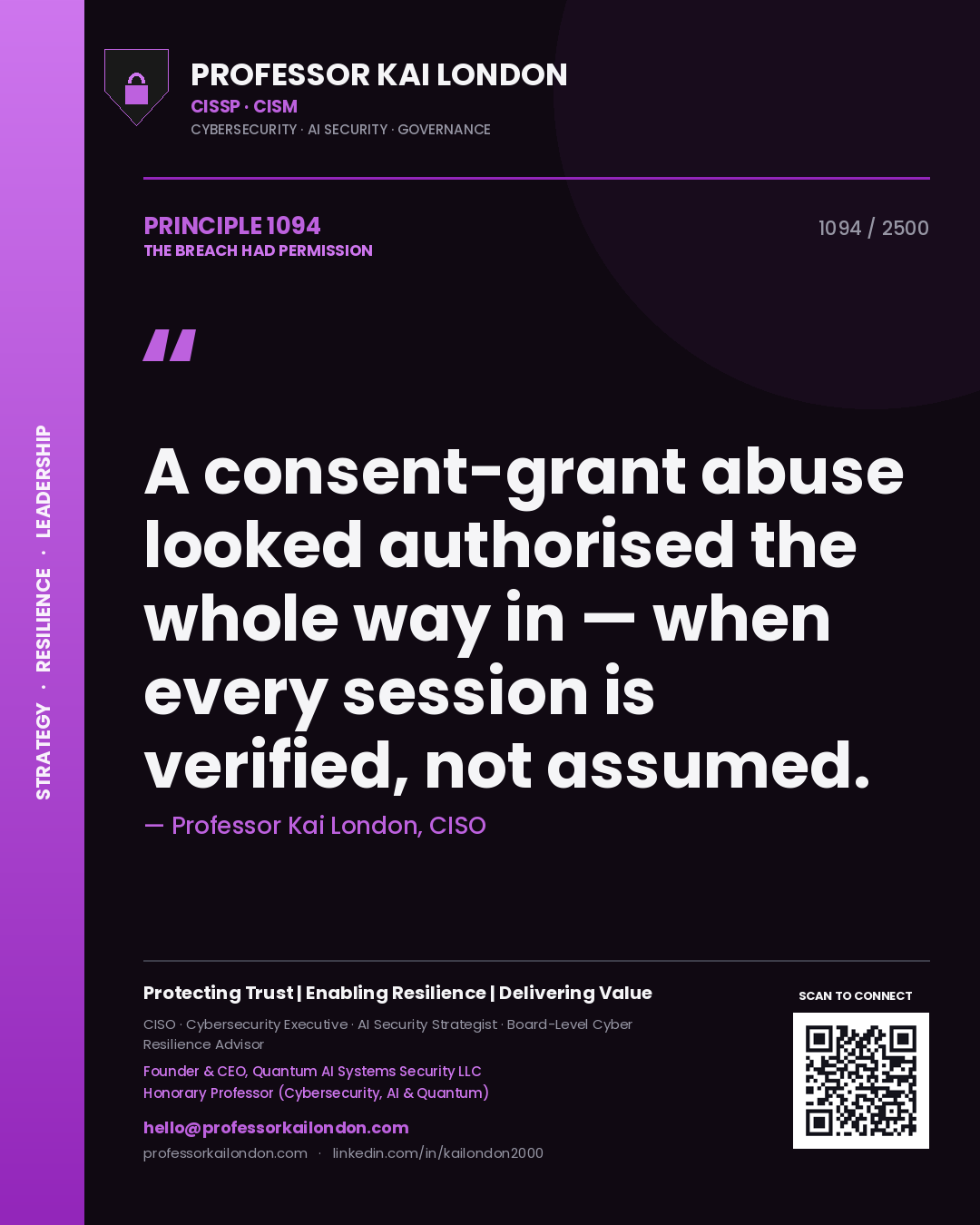 Quote card by Professor Kai London reading 'A consent-grant abuse looked authorised the whole way in — when every session is verified, not assumed.'. From the book The Breach Had Permission.