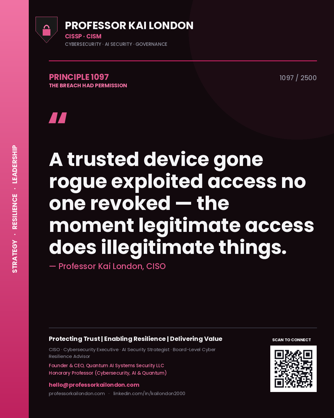 Quote card by Professor Kai London reading 'A trusted device gone rogue exploited access no one revoked — the moment legitimate access does illegitimate things.'. From the book The Breach Had Permission.