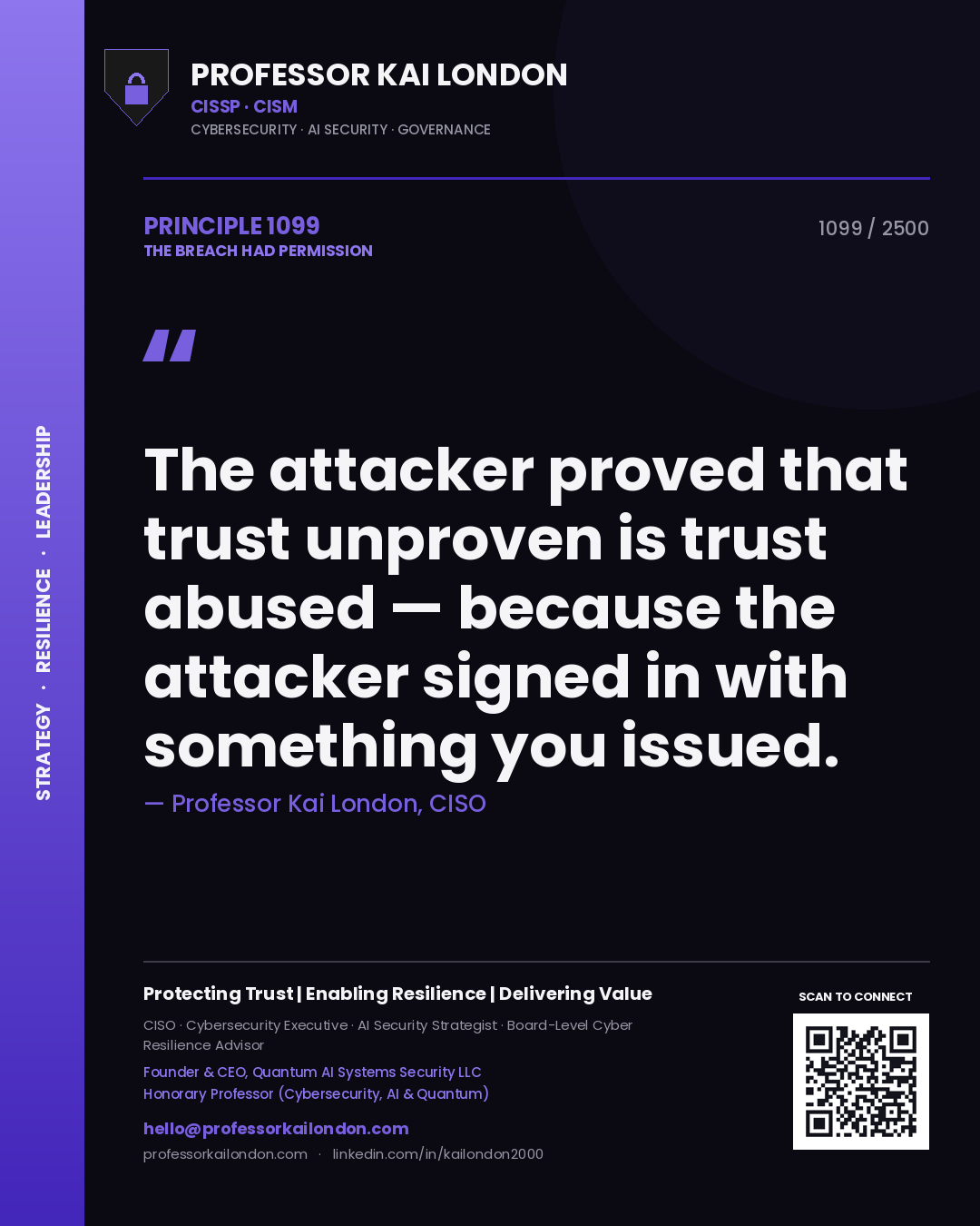 Professor Kai London principle 1099: The attacker proved that trust unproven is trust abused — because the attacker signed in with something you issued.