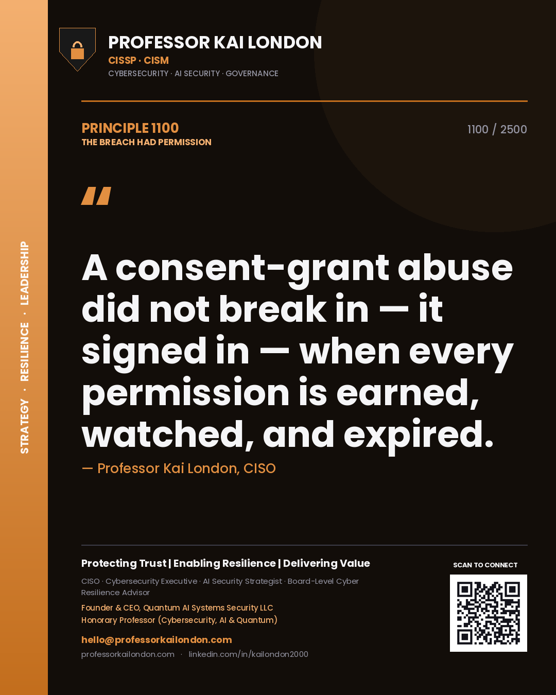 Professor Kai London principle 1100: A consent-grant abuse did not break in — it signed in — when every permission is earned, watched, and expired.