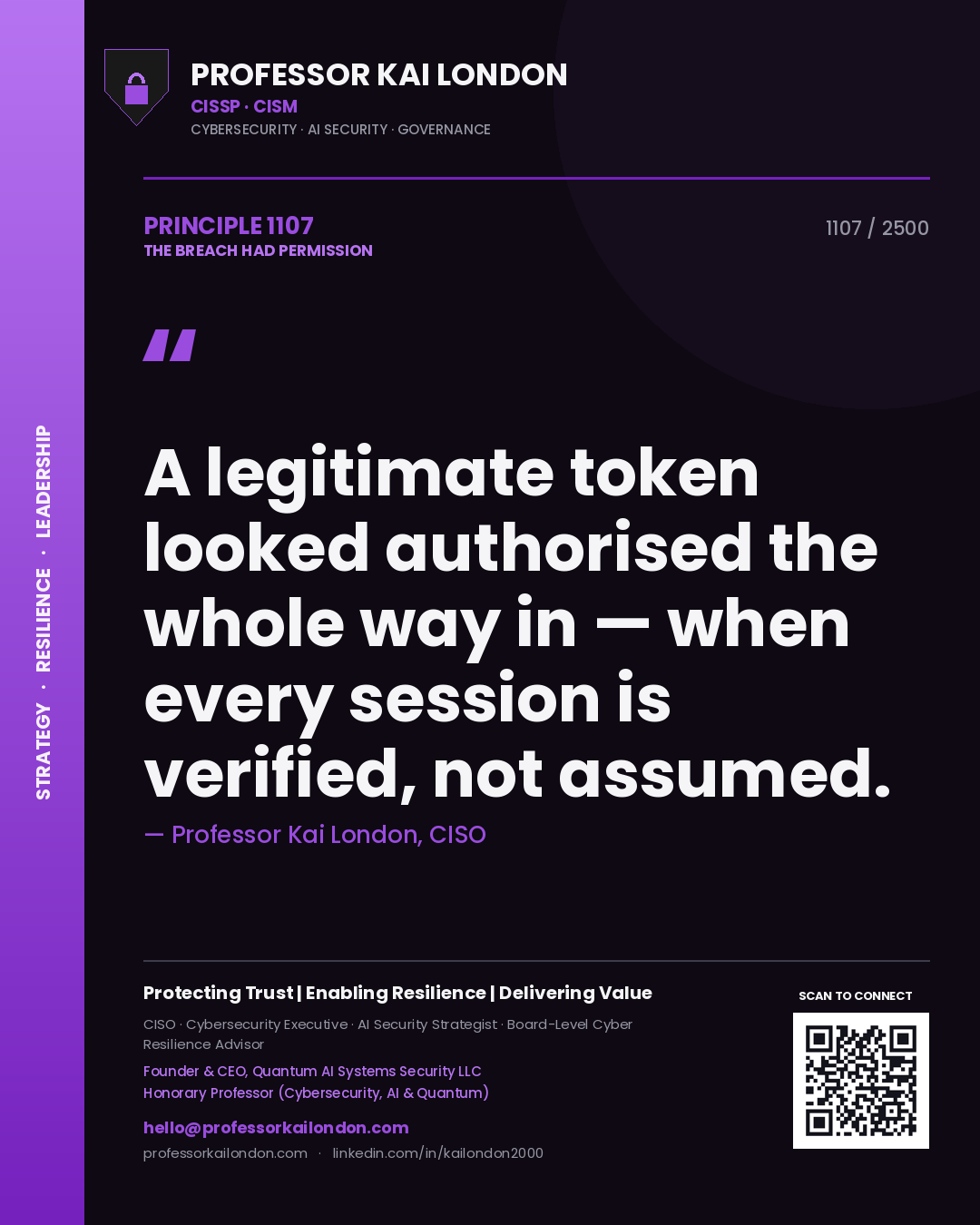 Professor Kai London principle 1107: A legitimate token looked authorised the whole way in — when every session is verified, not assumed.