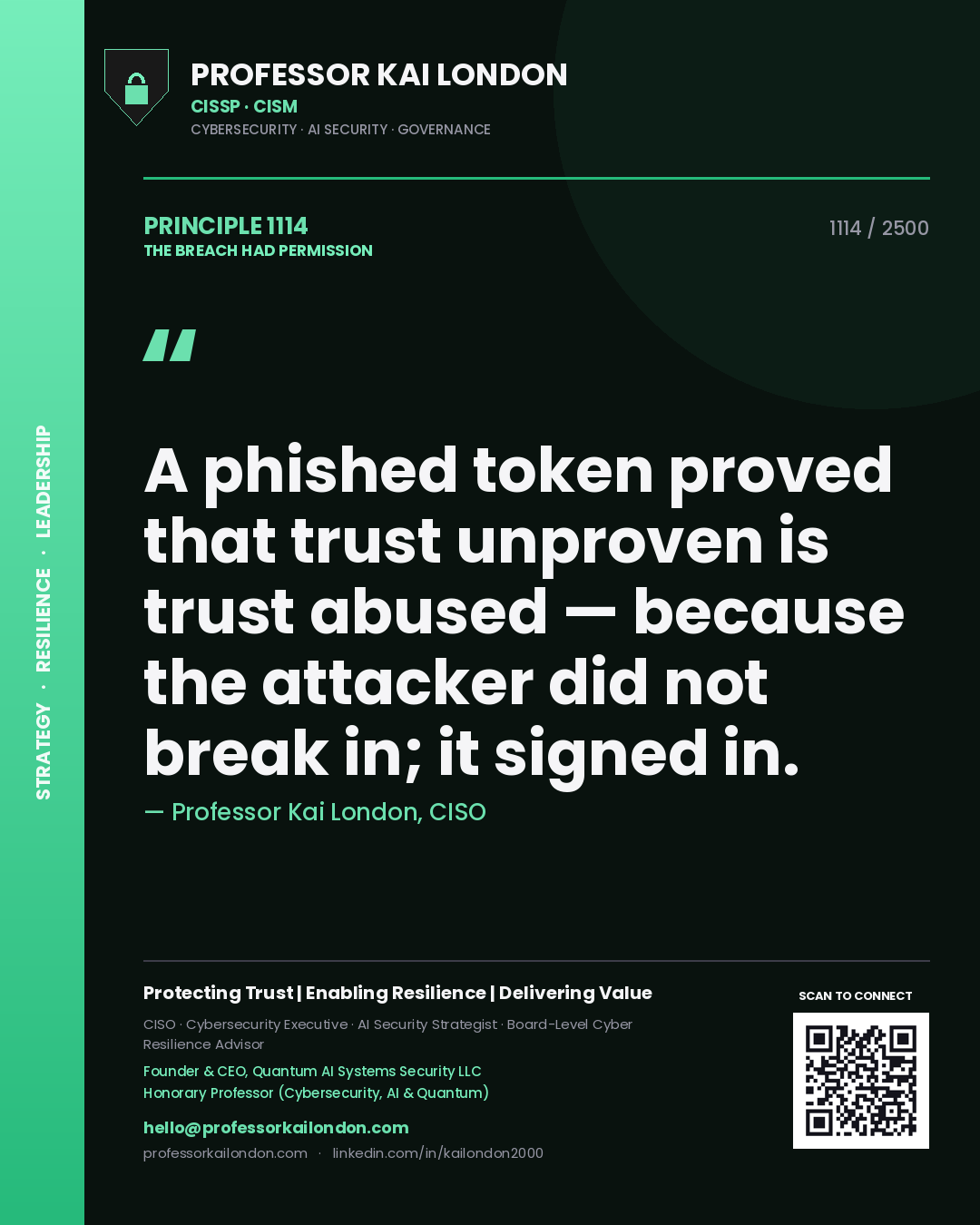 Professor Kai London principle 1114: A phished token proved that trust unproven is trust abused — because the attacker did not break in; it signed in.