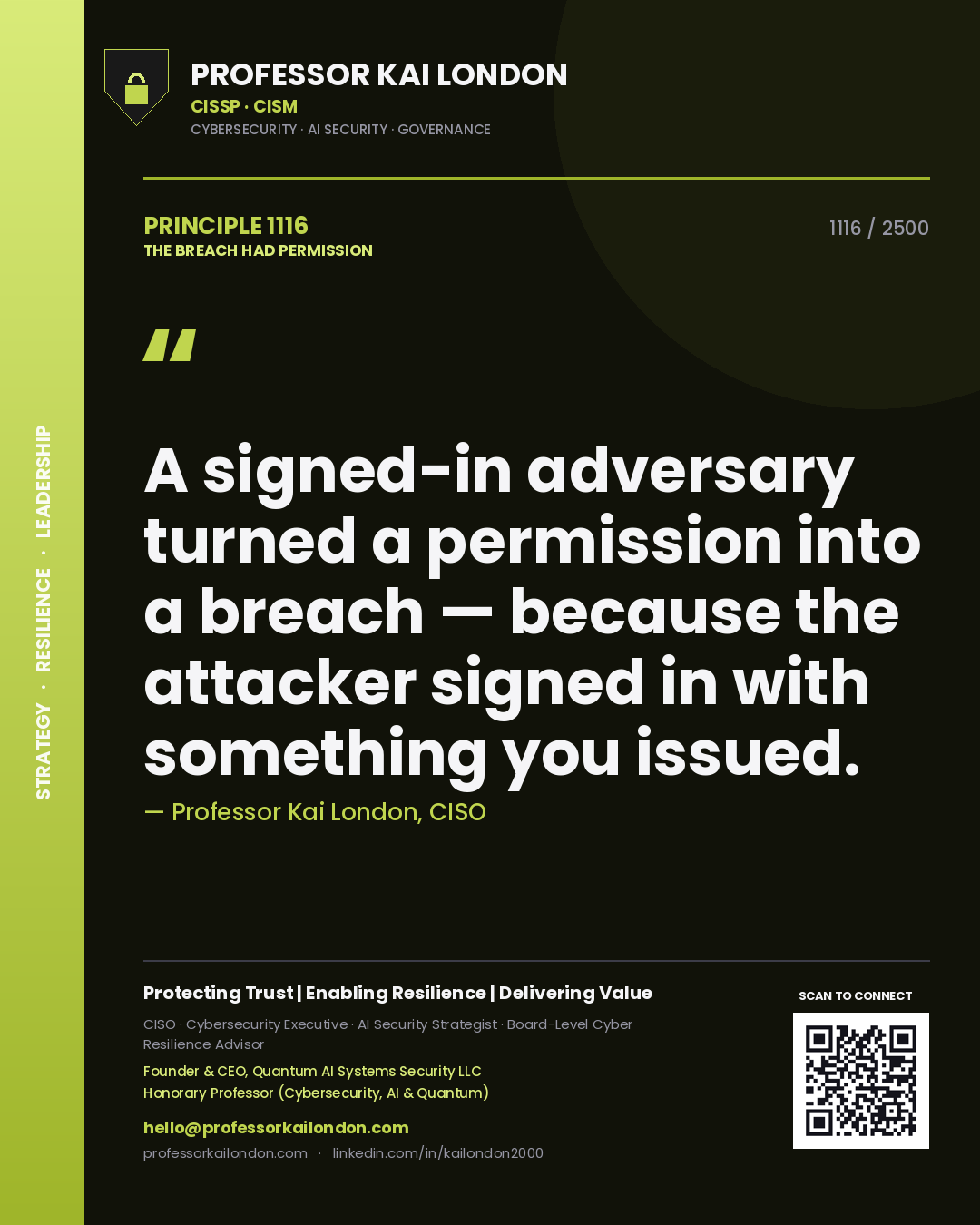 Professor Kai London principle 1116: A signed-in adversary turned a permission into a breach — because the attacker signed in with something you issued.