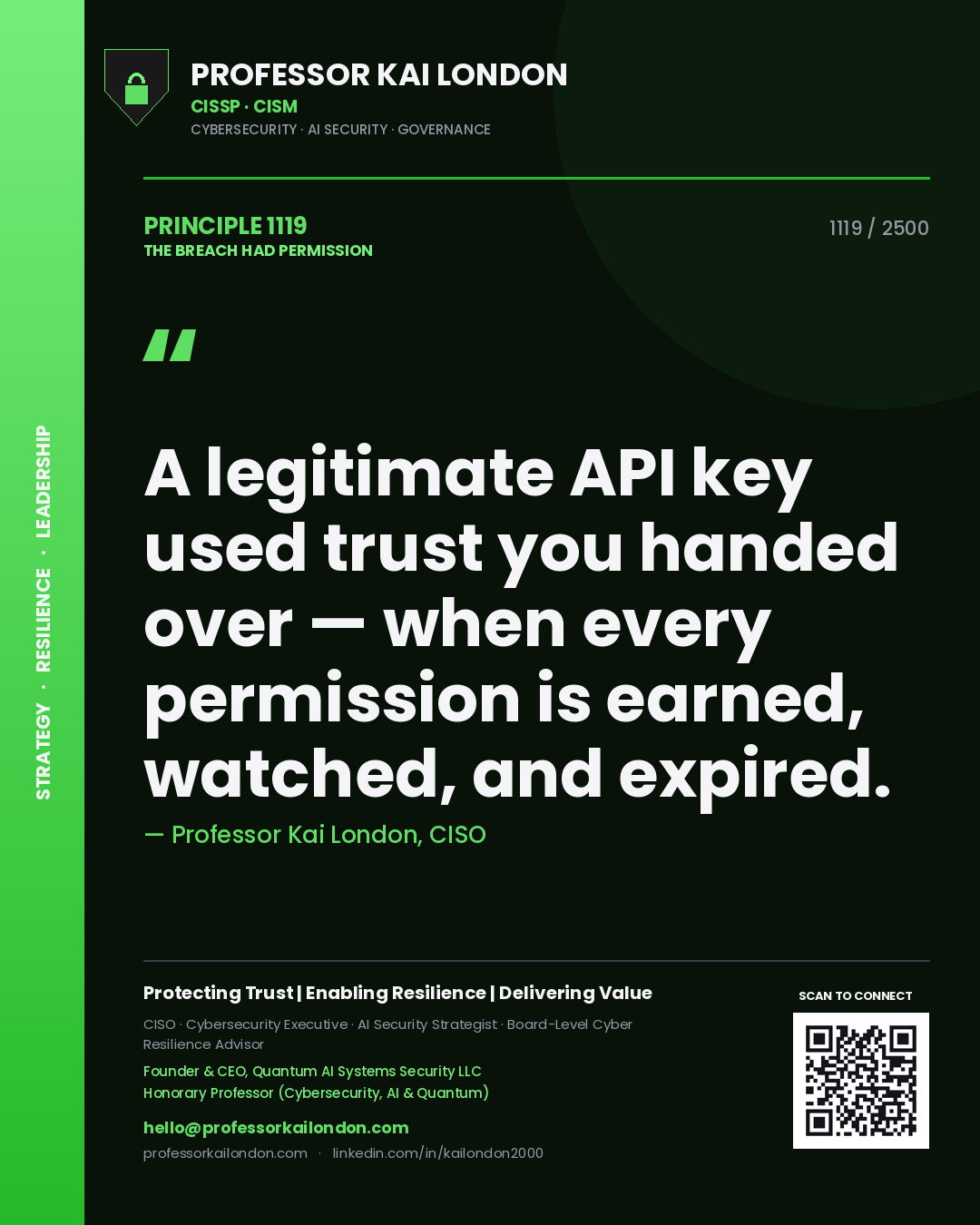 Quote card by Professor Kai London reading 'A legitimate API key used trust you handed over — when every permission is earned, watched, and expired.'. From the book The Breach Had Permission.