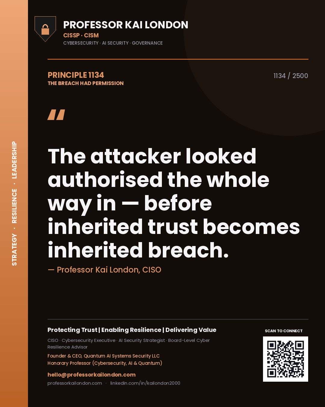 Professor Kai London principle 1134: The attacker looked authorised the whole way in — before inherited trust becomes inherited breach.