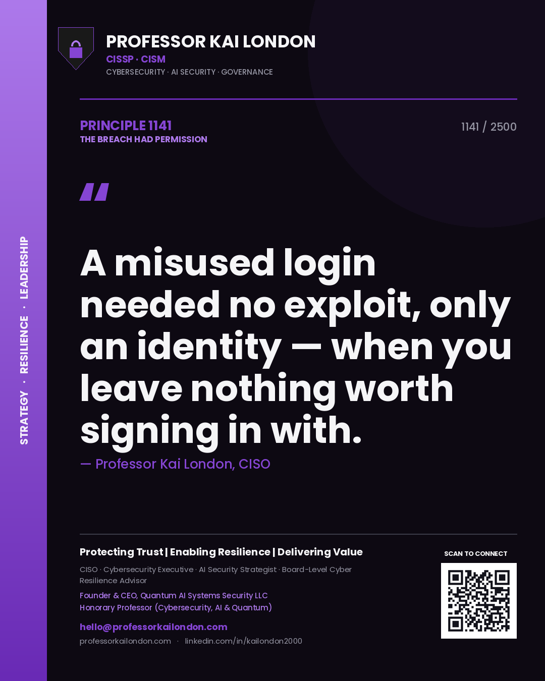 Quote card by Professor Kai London reading 'A misused login needed no exploit, only an identity — when you leave nothing worth signing in with.'. From the book The Breach Had Permission.