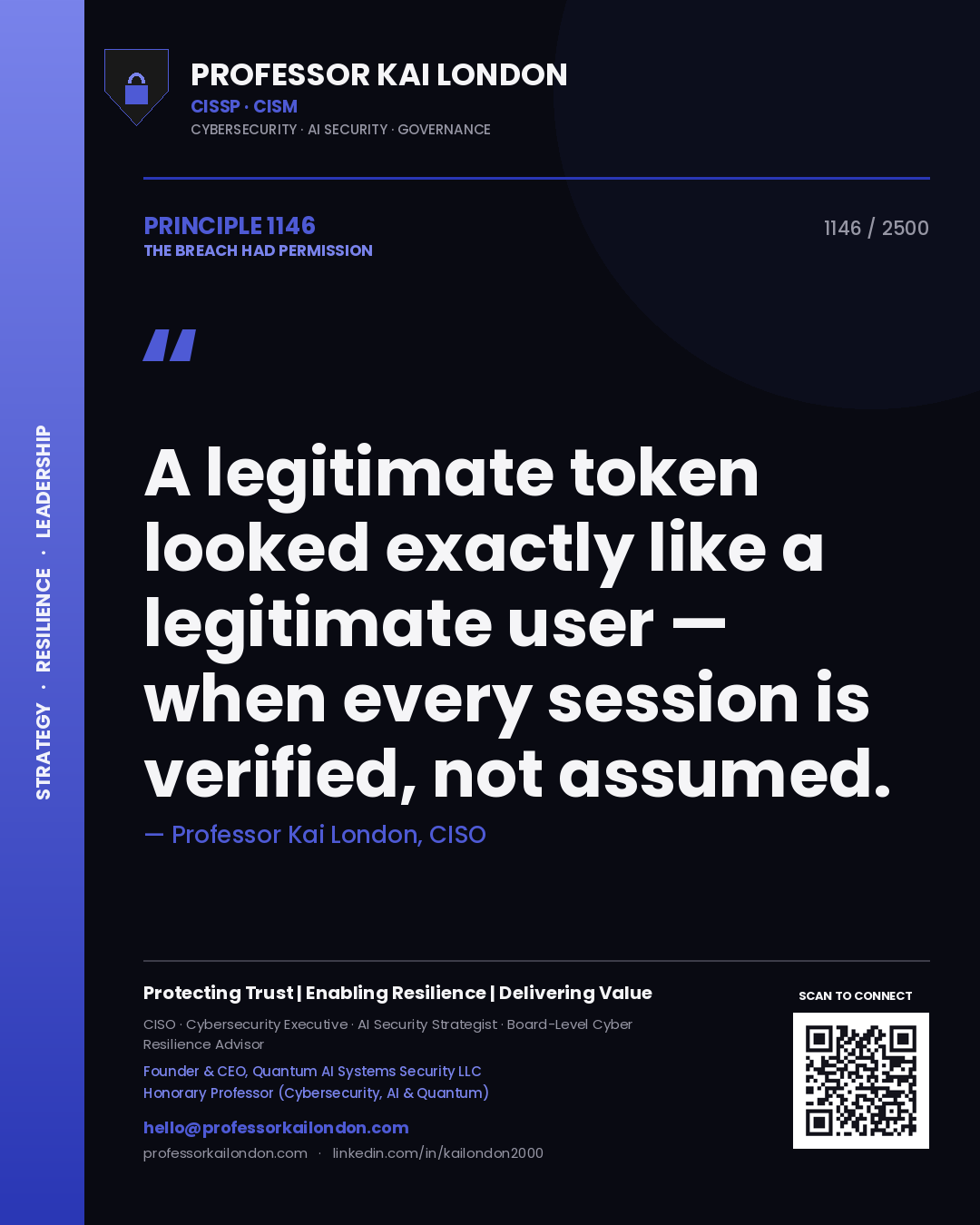 Quote card by Professor Kai London reading 'A legitimate token looked exactly like a legitimate user — when every session is verified, not assumed.'. From the book The Breach Had Permission.