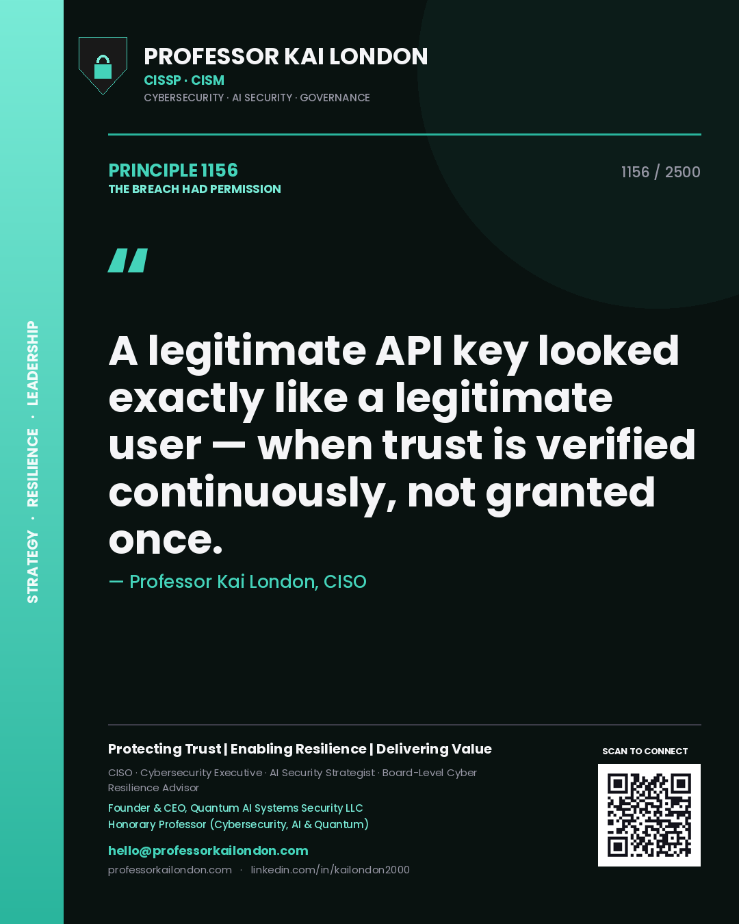 Quote card by Professor Kai London reading 'A legitimate API key looked exactly like a legitimate user — when trust is verified continuously, not granted once.'. From the book The Breach Had Permission.