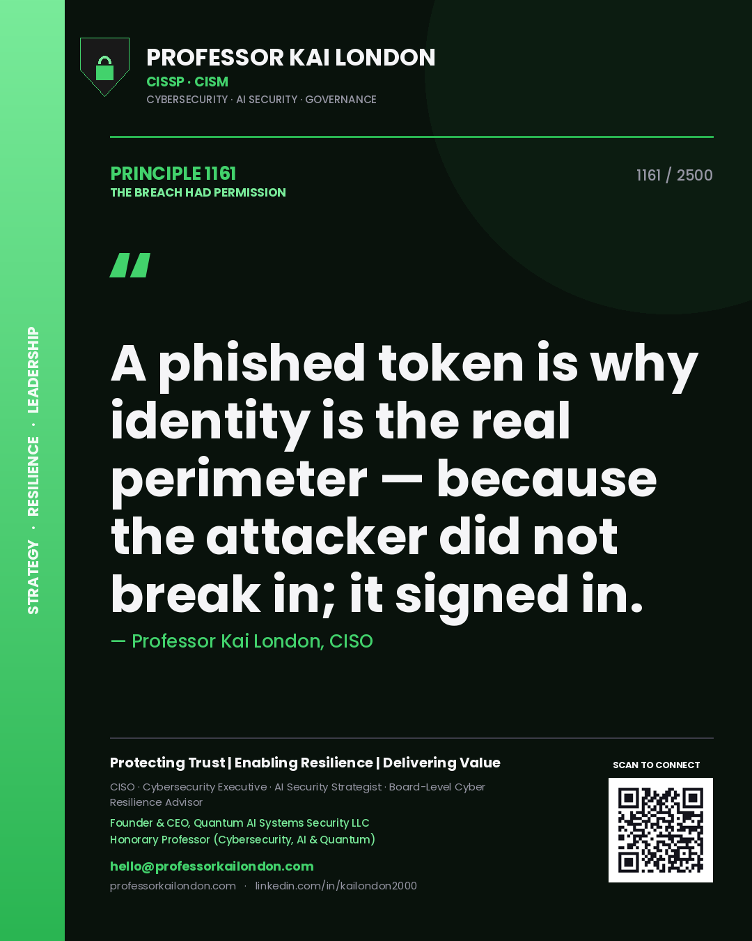 Professor Kai London principle 1161: A phished token is why identity is the real perimeter — because the attacker did not break in; it signed in.