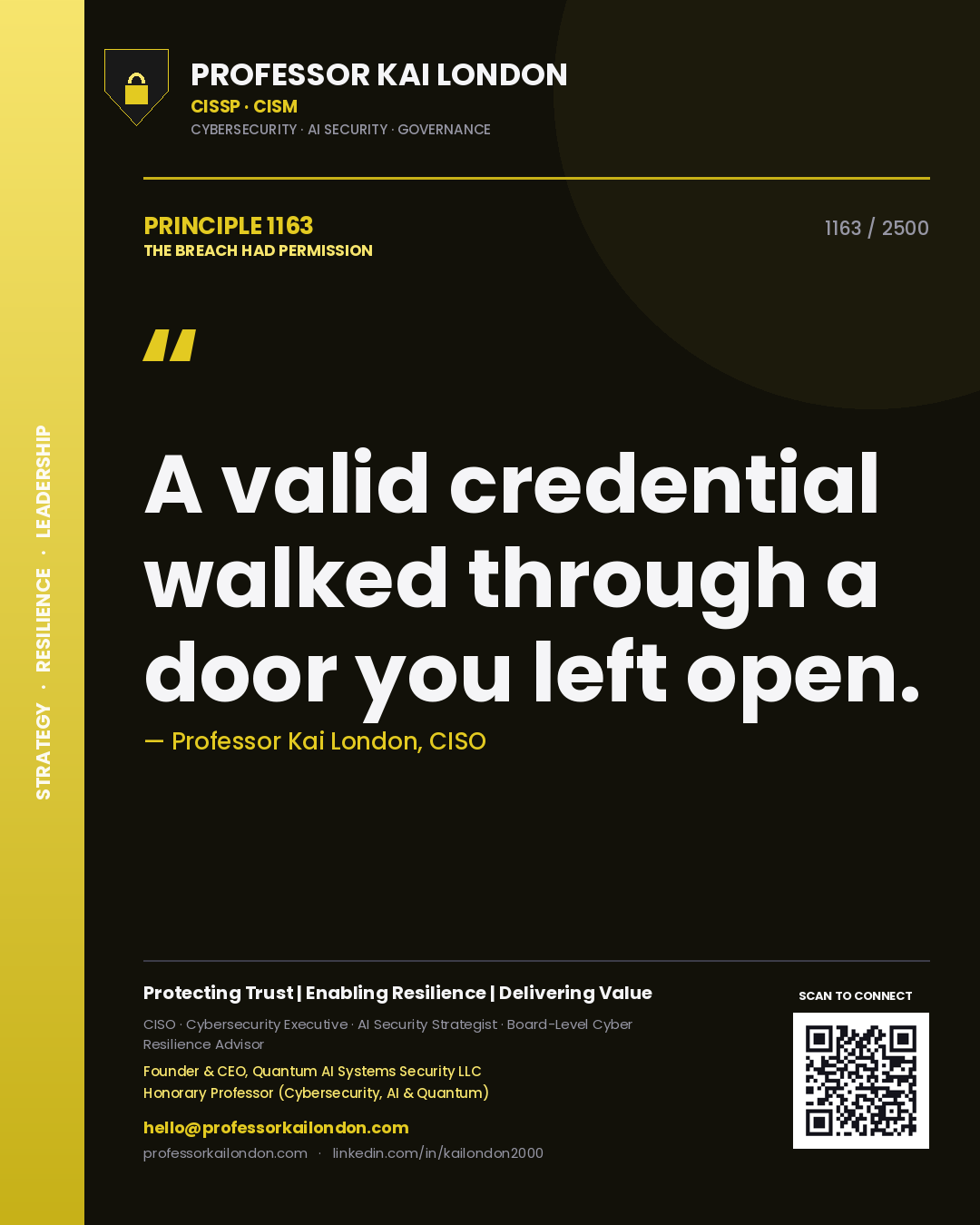 Professor Kai London principle 1163: A valid credential walked through a door you left open.