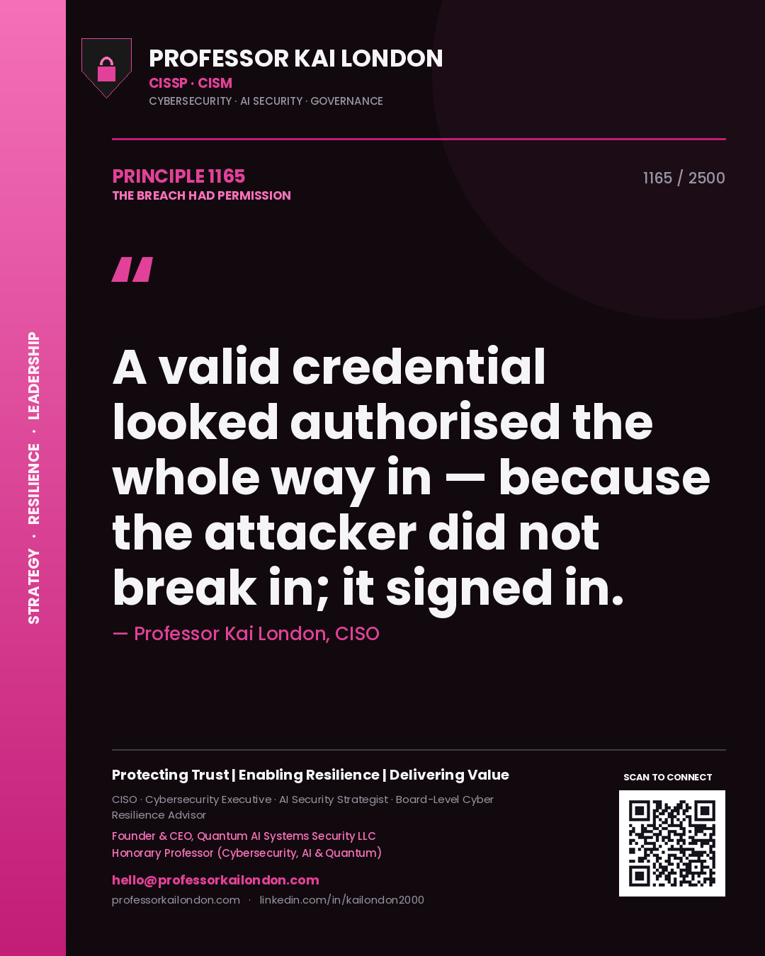 Professor Kai London principle 1165: A valid credential looked authorised the whole way in — because the attacker did not break in; it signed in.