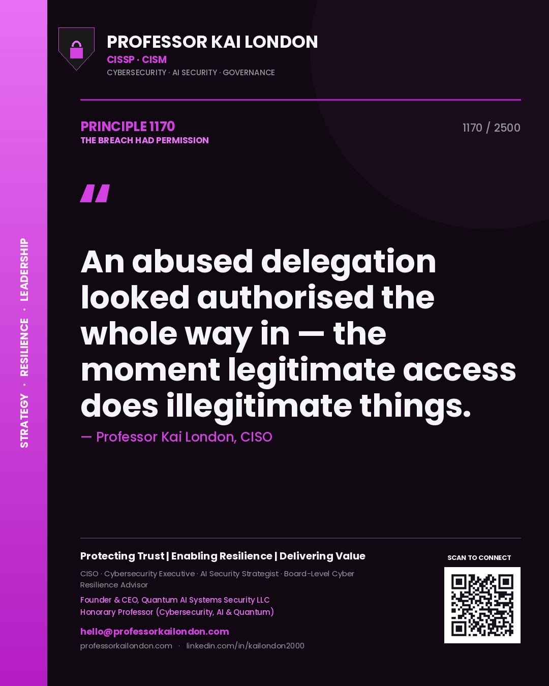Quote card by Professor Kai London reading 'An abused delegation looked authorised the whole way in — the moment legitimate access does illegitimate things.'. From the book The Breach Had Permission.