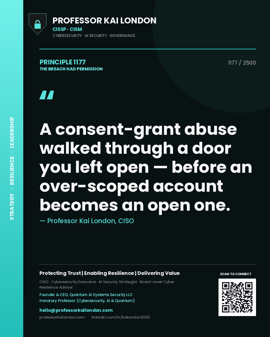 Professor Kai London principle 1177: A consent-grant abuse walked through a door you left open — before an over-scoped account becomes an open one.
