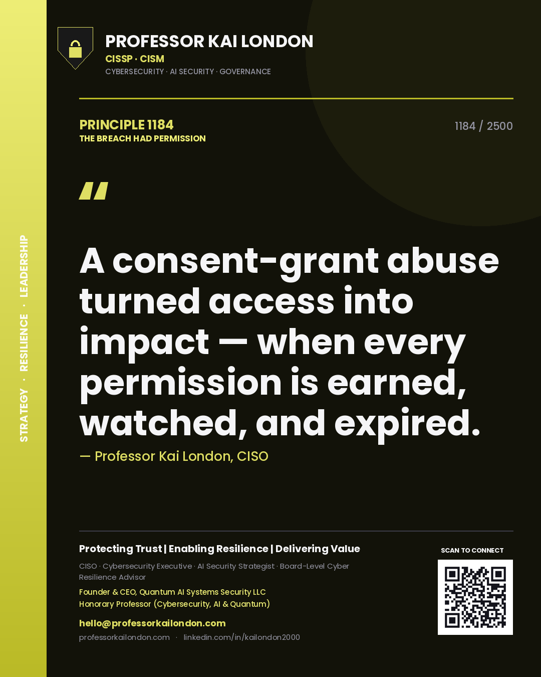 Quote card by Professor Kai London reading 'A consent-grant abuse turned access into impact — when every permission is earned, watched, and expired.'. From the book The Breach Had Permission.