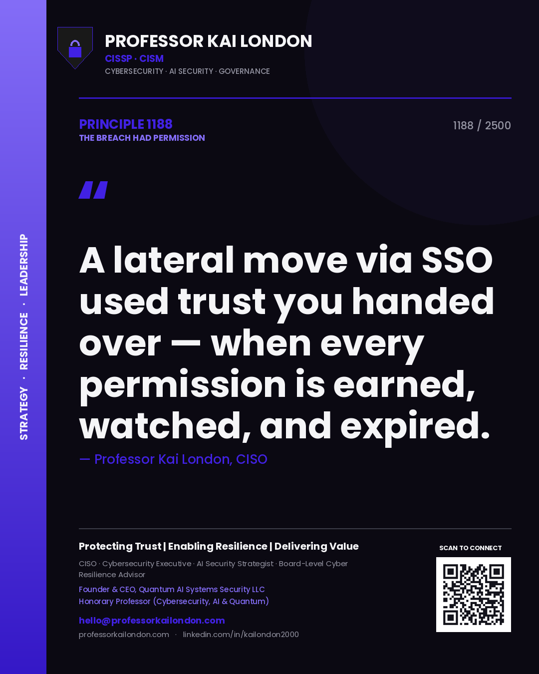 Professor Kai London principle 1188: A lateral move via SSO used trust you handed over — when every permission is earned, watched, and expired.