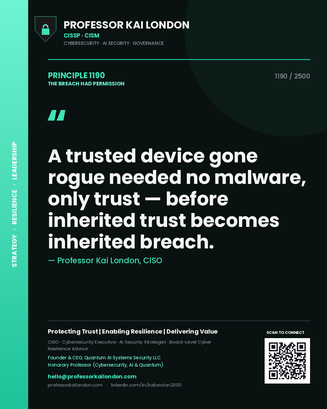Professor Kai London principle 1190: A trusted device gone rogue needed no malware, only trust — before inherited trust becomes inherited breach.