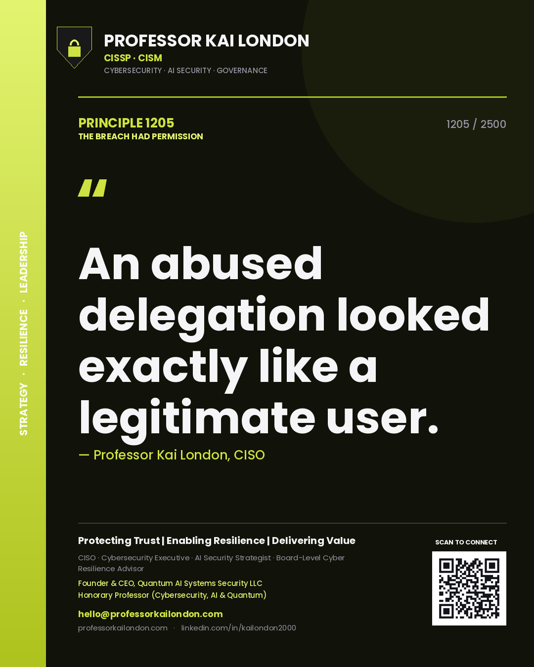 Quote card by Professor Kai London reading 'An abused delegation looked exactly like a legitimate user.'. From the book The Breach Had Permission.