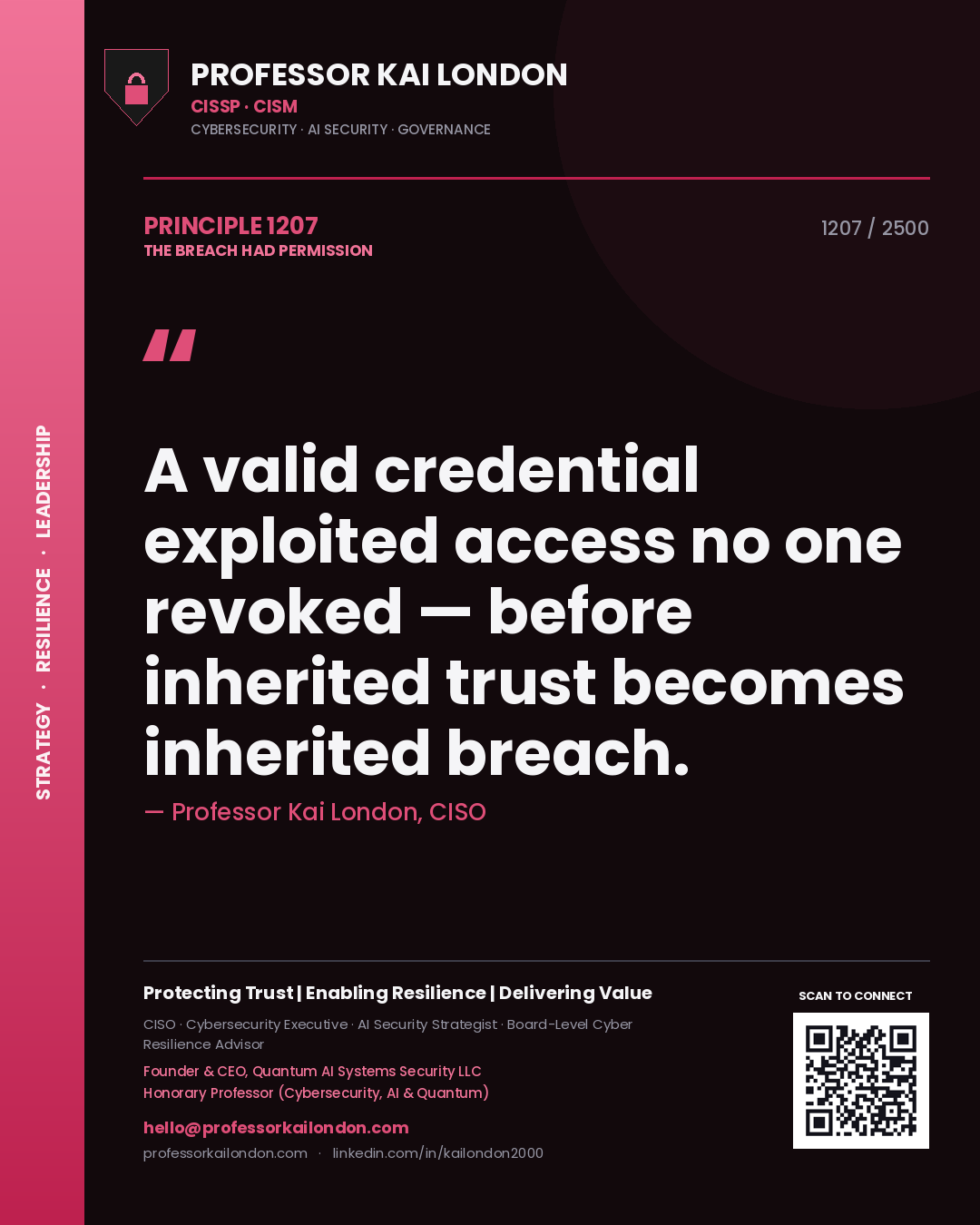 Professor Kai London principle 1207: A valid credential exploited access no one revoked — before inherited trust becomes inherited breach.