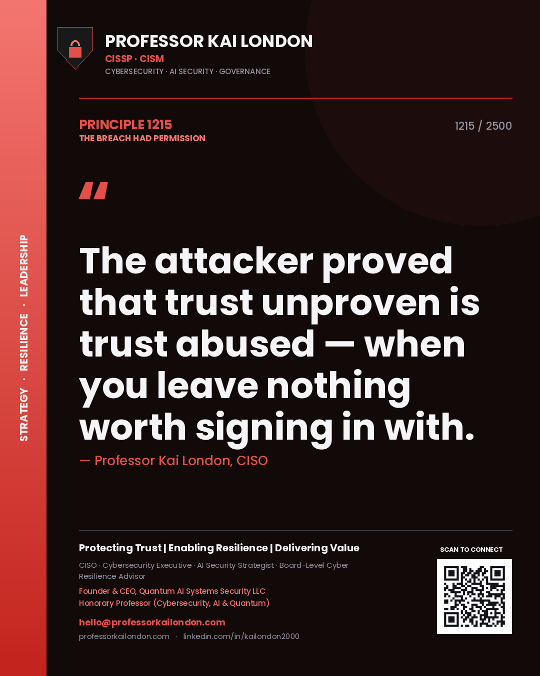 Quote card by Professor Kai London reading 'The attacker proved that trust unproven is trust abused — when you leave nothing worth signing in with.'. From the book The Breach Had Permission.