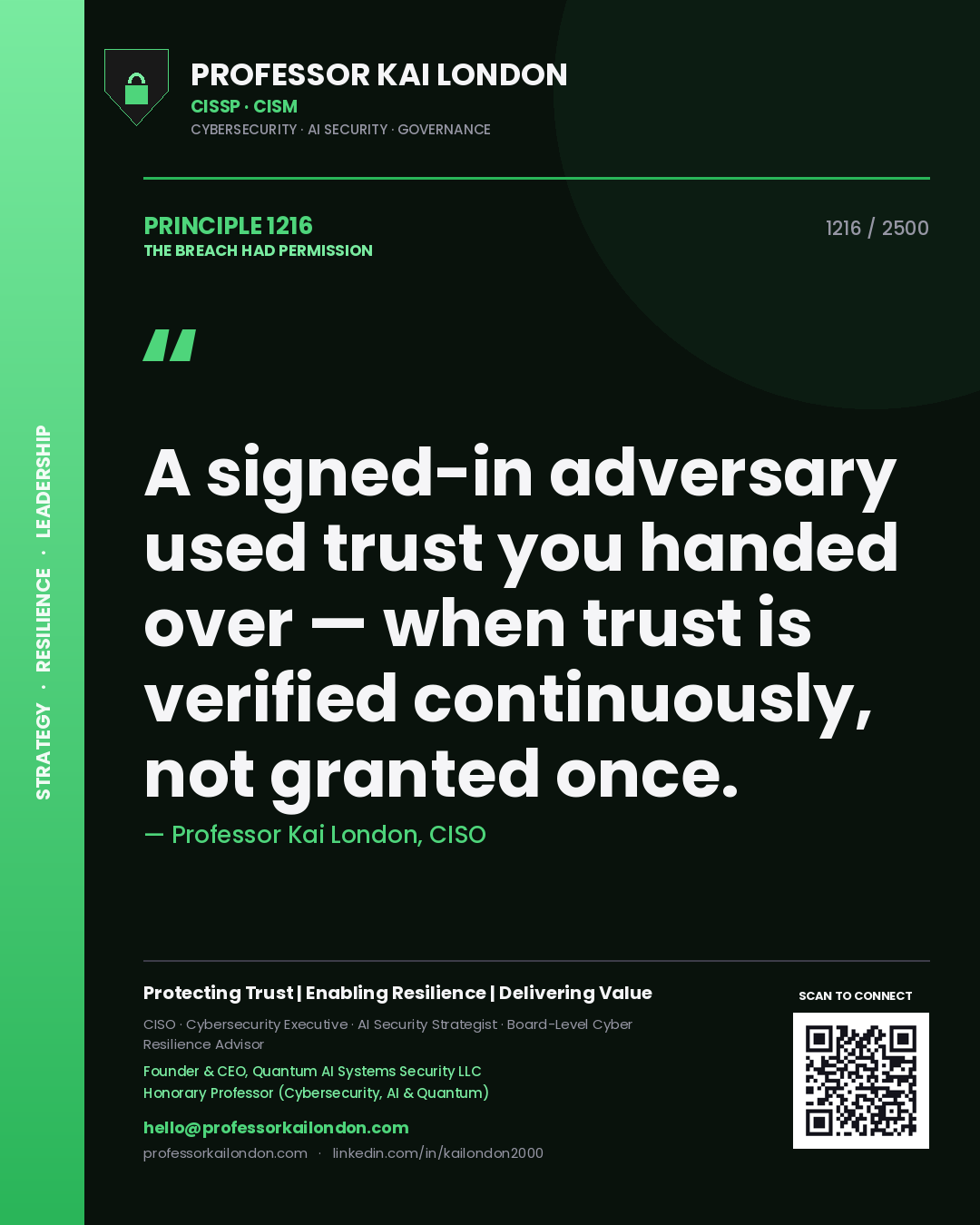Quote card by Professor Kai London reading 'A signed-in adversary used trust you handed over — when trust is verified continuously, not granted once.'. From the book The Breach Had Permission.