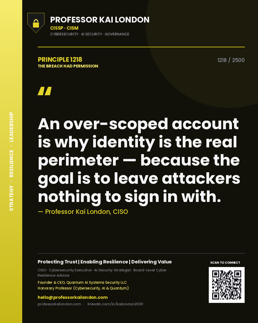 Quote card by Professor Kai London reading 'An over-scoped account is why identity is the real perimeter — because the goal is to leave attackers nothing to sign in with.'. From the book The Breach Had Permission.