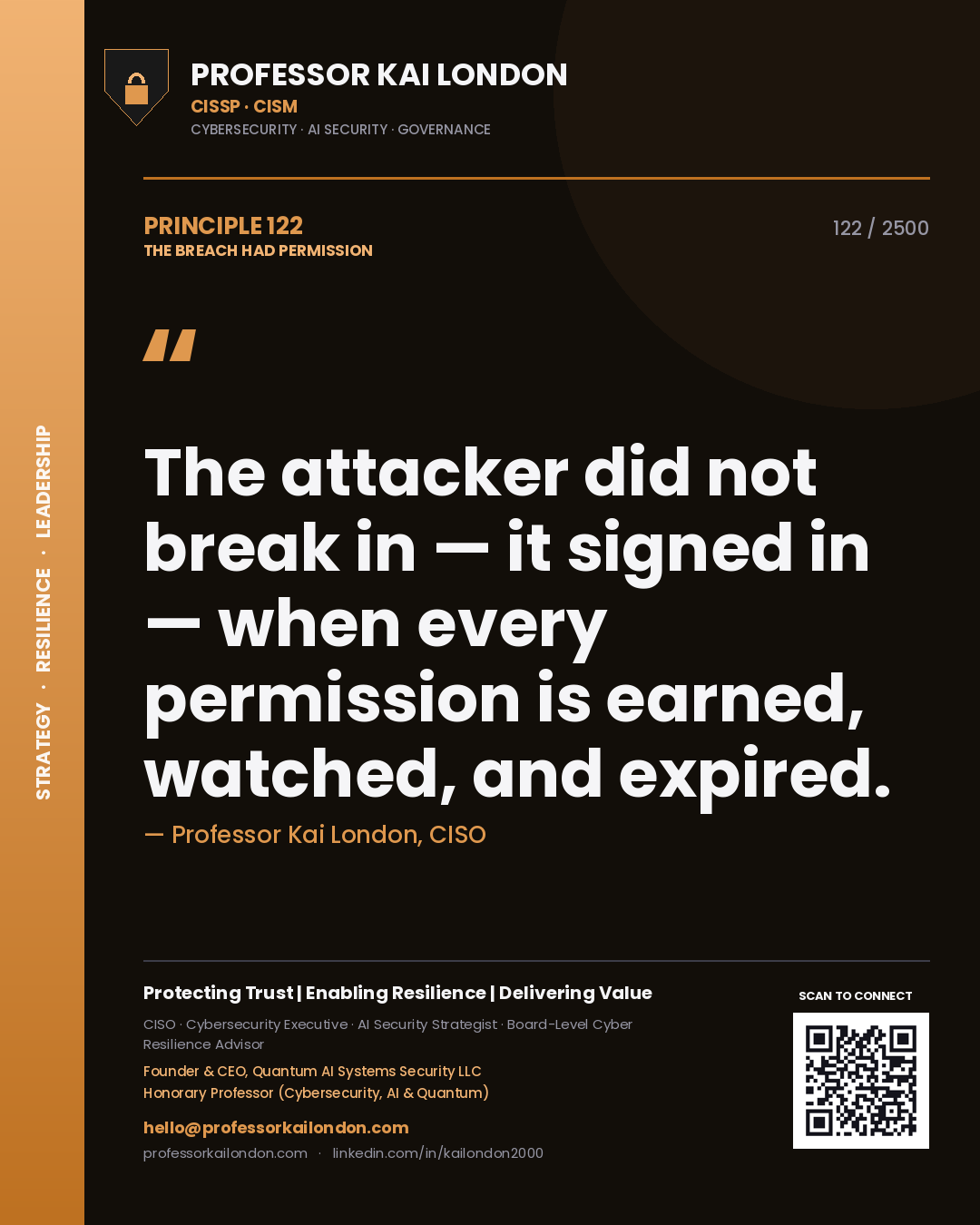 Quote card by Professor Kai London reading 'The attacker did not break in — it signed in — when every permission is earned, watched, and expired.'. From the book The Breach Had Permission.