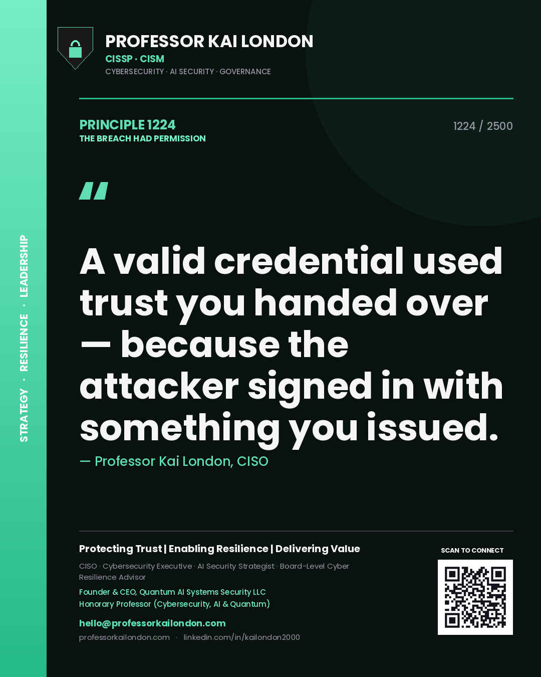 Quote card by Professor Kai London reading 'A valid credential used trust you handed over — because the attacker signed in with something you issued.'. From the book The Breach Had Permission.