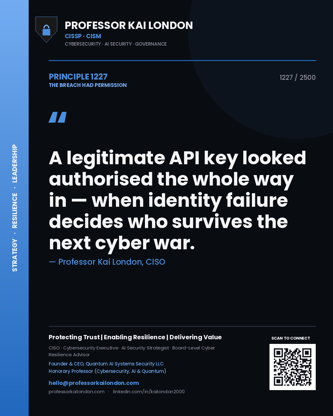 Quote card by Professor Kai London reading 'A legitimate API key looked authorised the whole way in — when identity failure decides who survives the next cyber war.'. From the book The Breach Had Permission.
