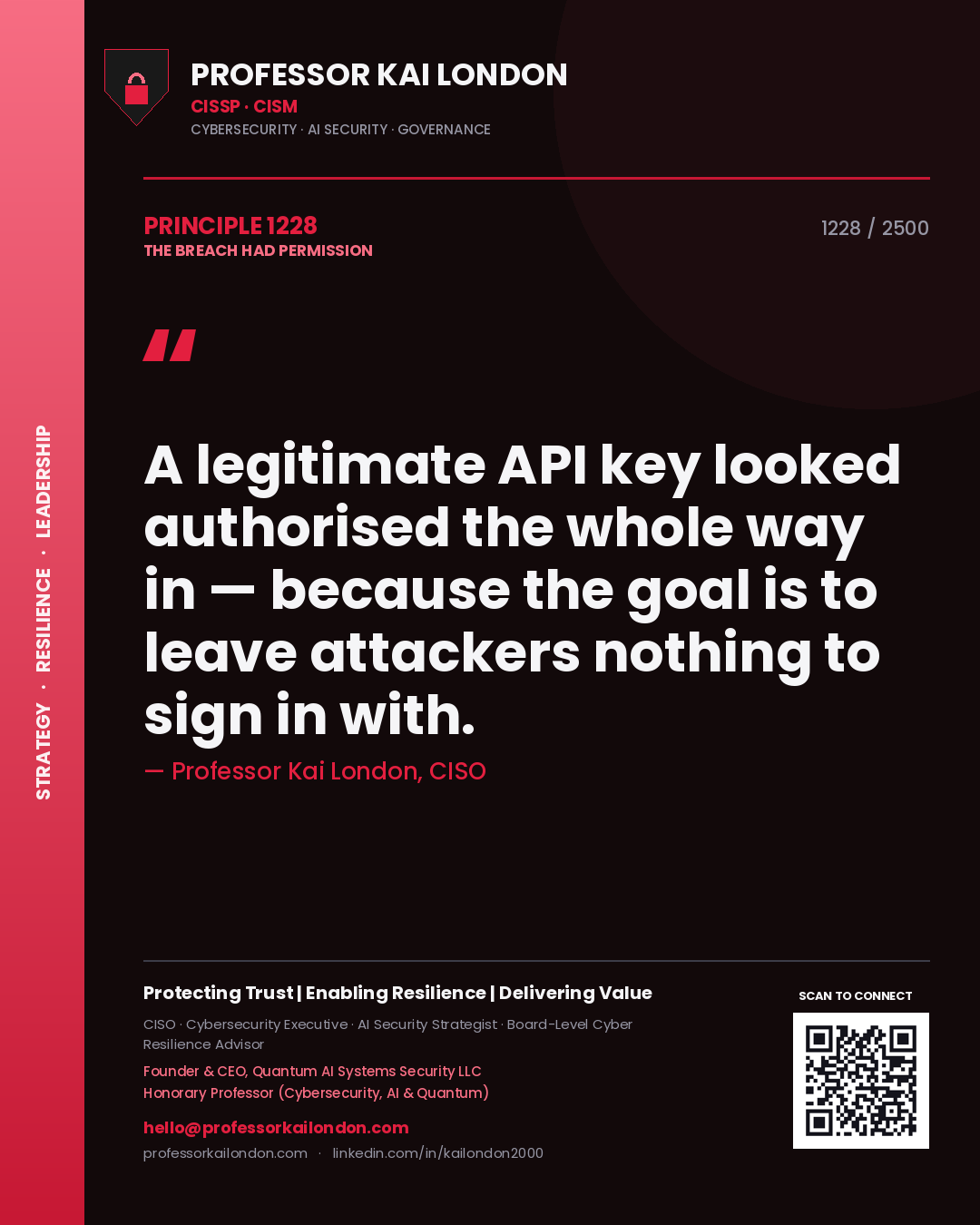 Quote card by Professor Kai London reading 'A legitimate API key looked authorised the whole way in — because the goal is to leave attackers nothing to sign in with.'. From the book The Breach Had Permission.