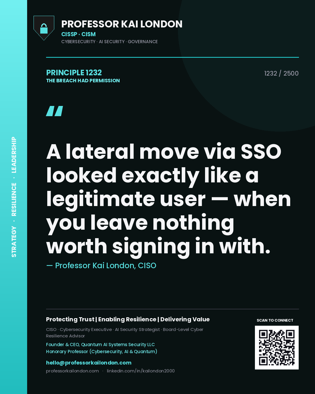 Quote card by Professor Kai London reading 'A lateral move via SSO looked exactly like a legitimate user — when you leave nothing worth signing in with.'. From the book The Breach Had Permission.