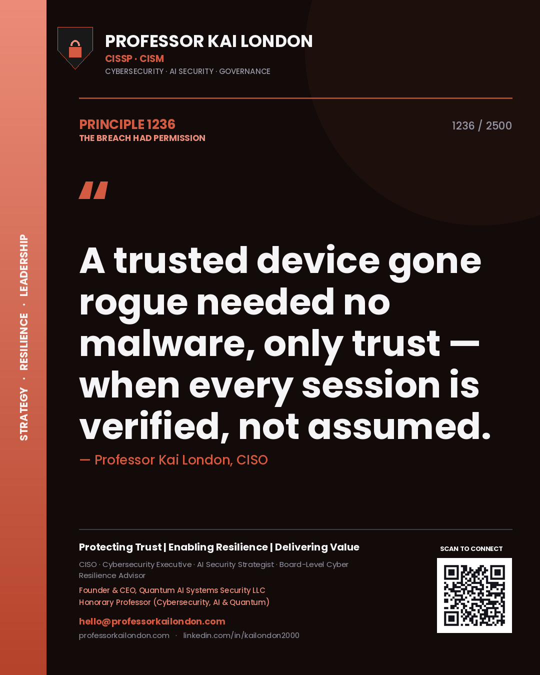 Quote card by Professor Kai London reading 'A trusted device gone rogue needed no malware, only trust — when every session is verified, not assumed.'. From the book The Breach Had Permission.