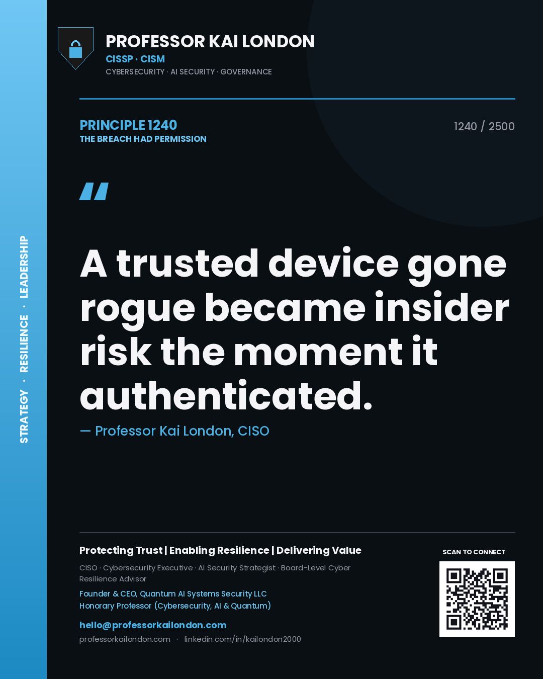 Quote card by Professor Kai London reading 'A trusted device gone rogue became insider risk the moment it authenticated.'. From the book The Breach Had Permission.