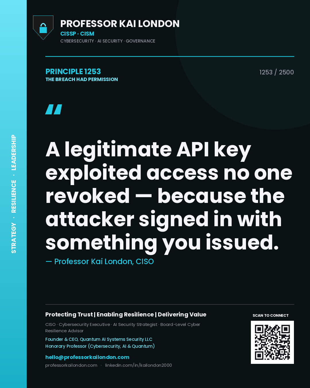 Quote card by Professor Kai London reading 'A legitimate API key exploited access no one revoked — because the attacker signed in with something you issued.'. From the book The Breach Had Permission.