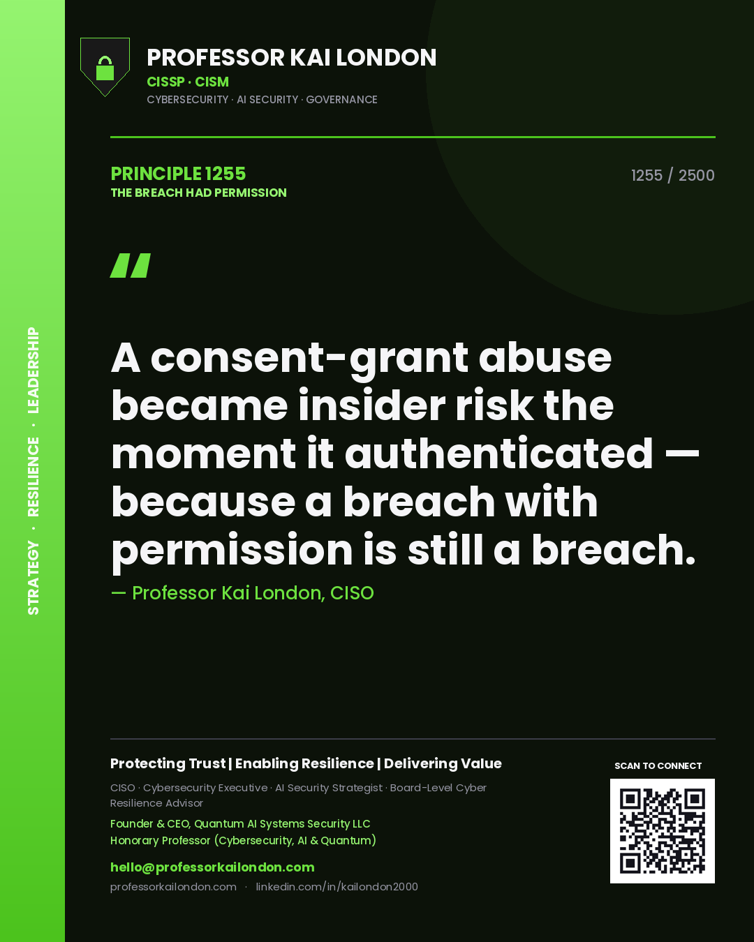 Quote card by Professor Kai London reading 'A consent-grant abuse became insider risk the moment it authenticated — because a breach with permission is still a breach.'. From the book The Breach Had Permission.