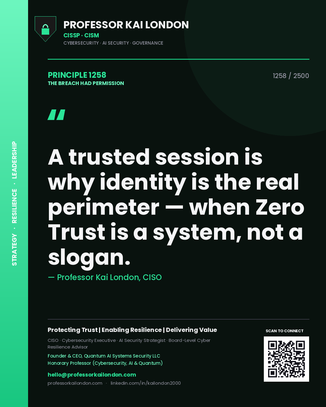 Quote card by Professor Kai London reading 'A trusted session is why identity is the real perimeter — when Zero Trust is a system, not a slogan.'. From the book The Breach Had Permission.
