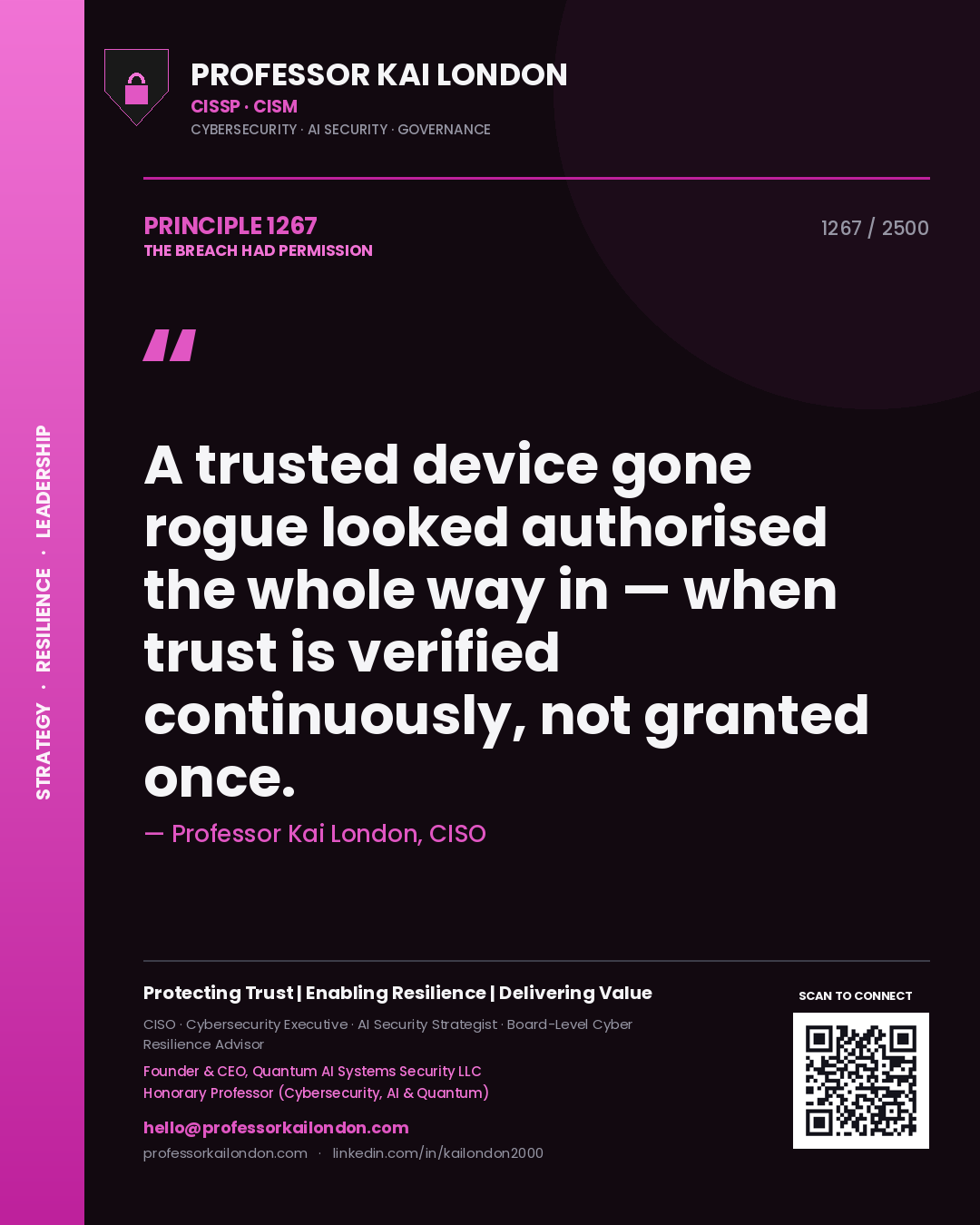 Quote card by Professor Kai London reading 'A trusted device gone rogue looked authorised the whole way in — when trust is verified continuously, not granted once.'. From the book The Breach Had Permission.