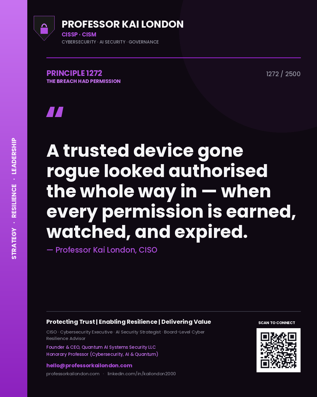 Professor Kai London principle 1272: A trusted device gone rogue looked authorised the whole way in — when every permission is earned, watched, and expired.