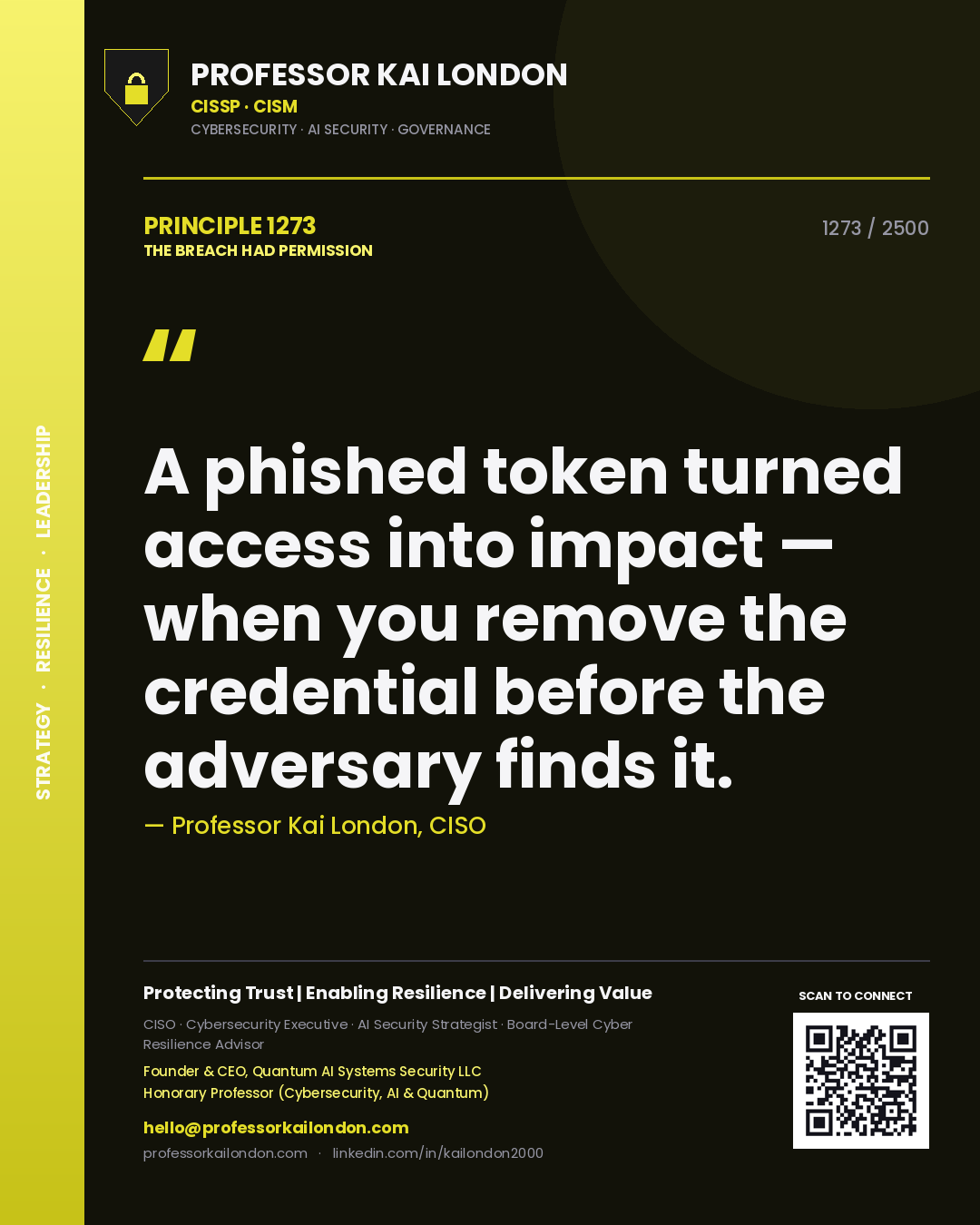 Quote card by Professor Kai London reading 'A phished token turned access into impact — when you remove the credential before the adversary finds it.'. From the book The Breach Had Permission.