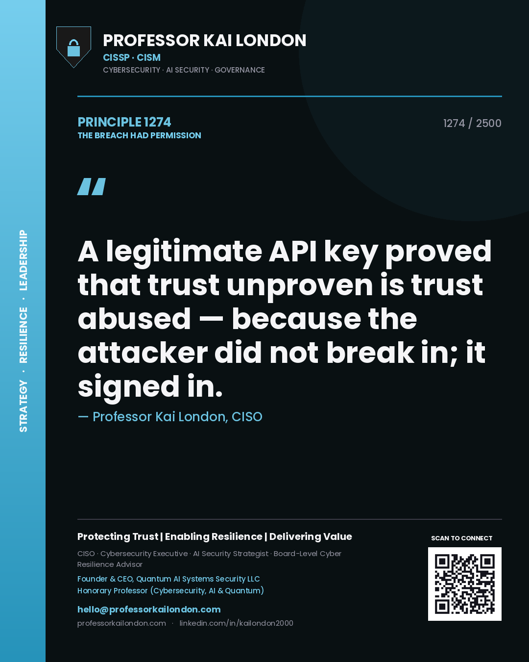 Quote card by Professor Kai London reading 'A legitimate API key proved that trust unproven is trust abused — because the attacker did not break in; it signed in.'. From the book The Breach Had Permission.