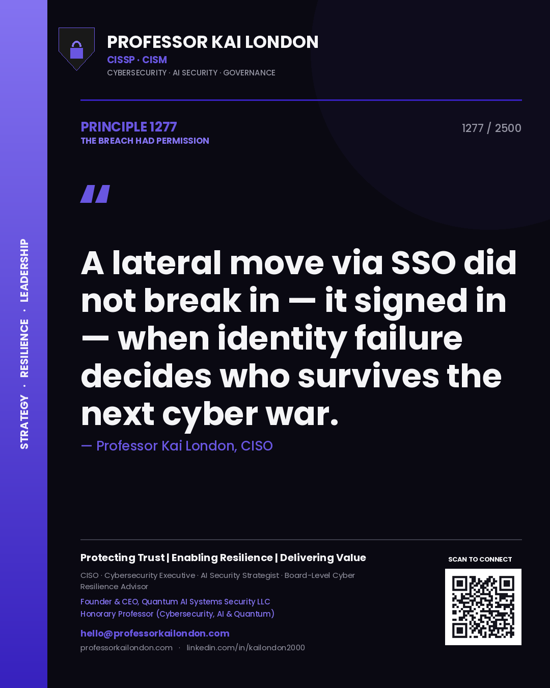 Quote card by Professor Kai London reading 'A lateral move via SSO did not break in — it signed in — when identity failure decides who survives the next cyber war.'. From the book The Breach Had Permission.