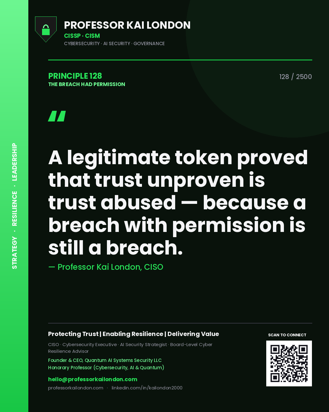 Quote card by Professor Kai London reading 'A legitimate token proved that trust unproven is trust abused — because a breach with permission is still a breach.'. From the book The Breach Had Permission.