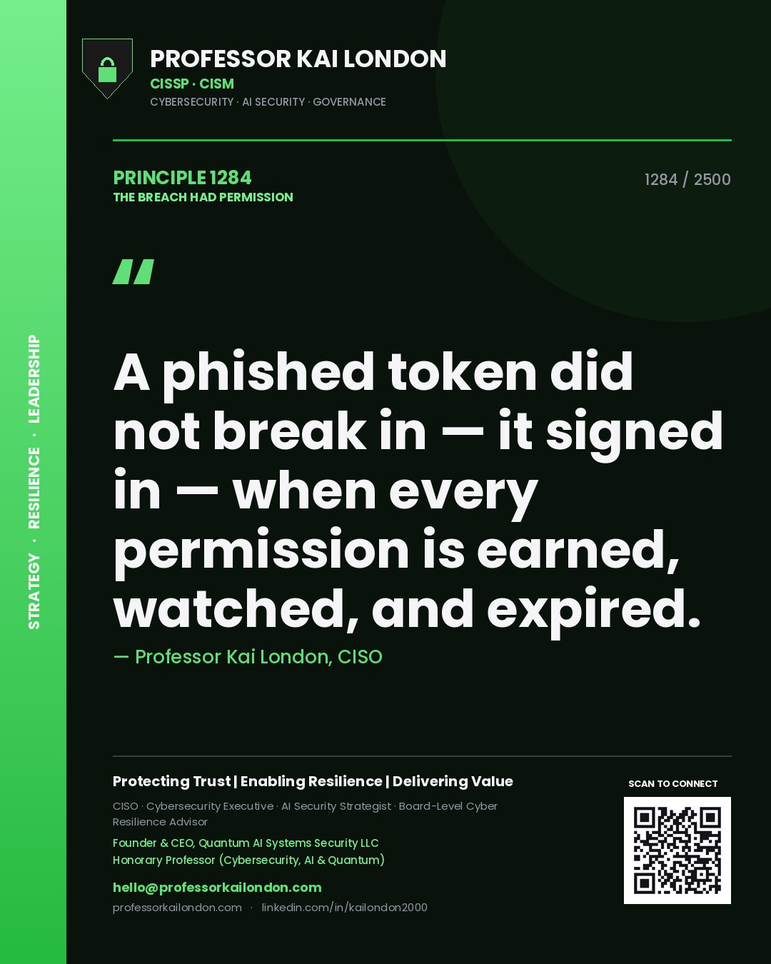 Quote card by Professor Kai London reading 'A phished token did not break in — it signed in — when every permission is earned, watched, and expired.'. From the book The Breach Had Permission.