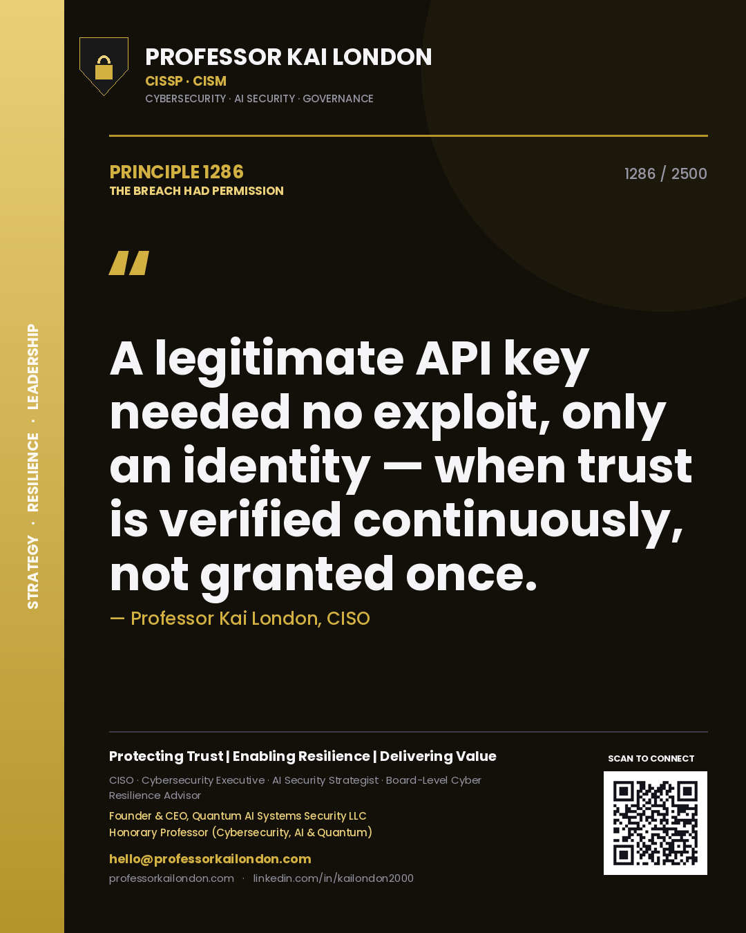 Quote card by Professor Kai London reading 'A legitimate API key needed no exploit, only an identity — when trust is verified continuously, not granted once.'. From the book The Breach Had Permission.