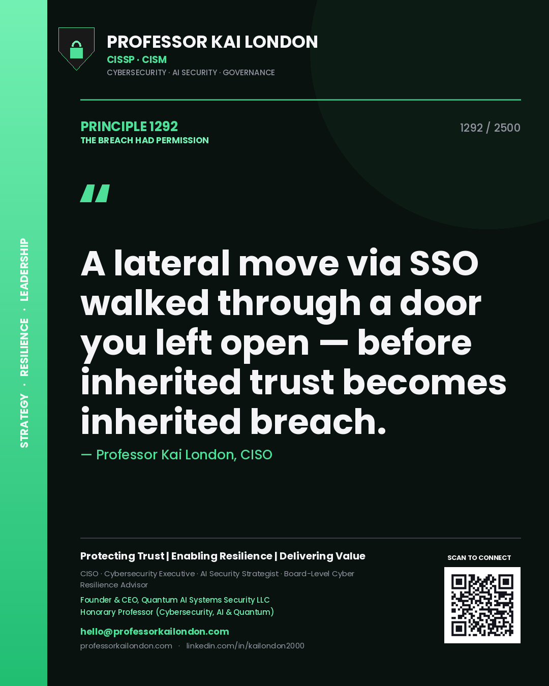 Professor Kai London principle 1292: A lateral move via SSO walked through a door you left open — before inherited trust becomes inherited breach.