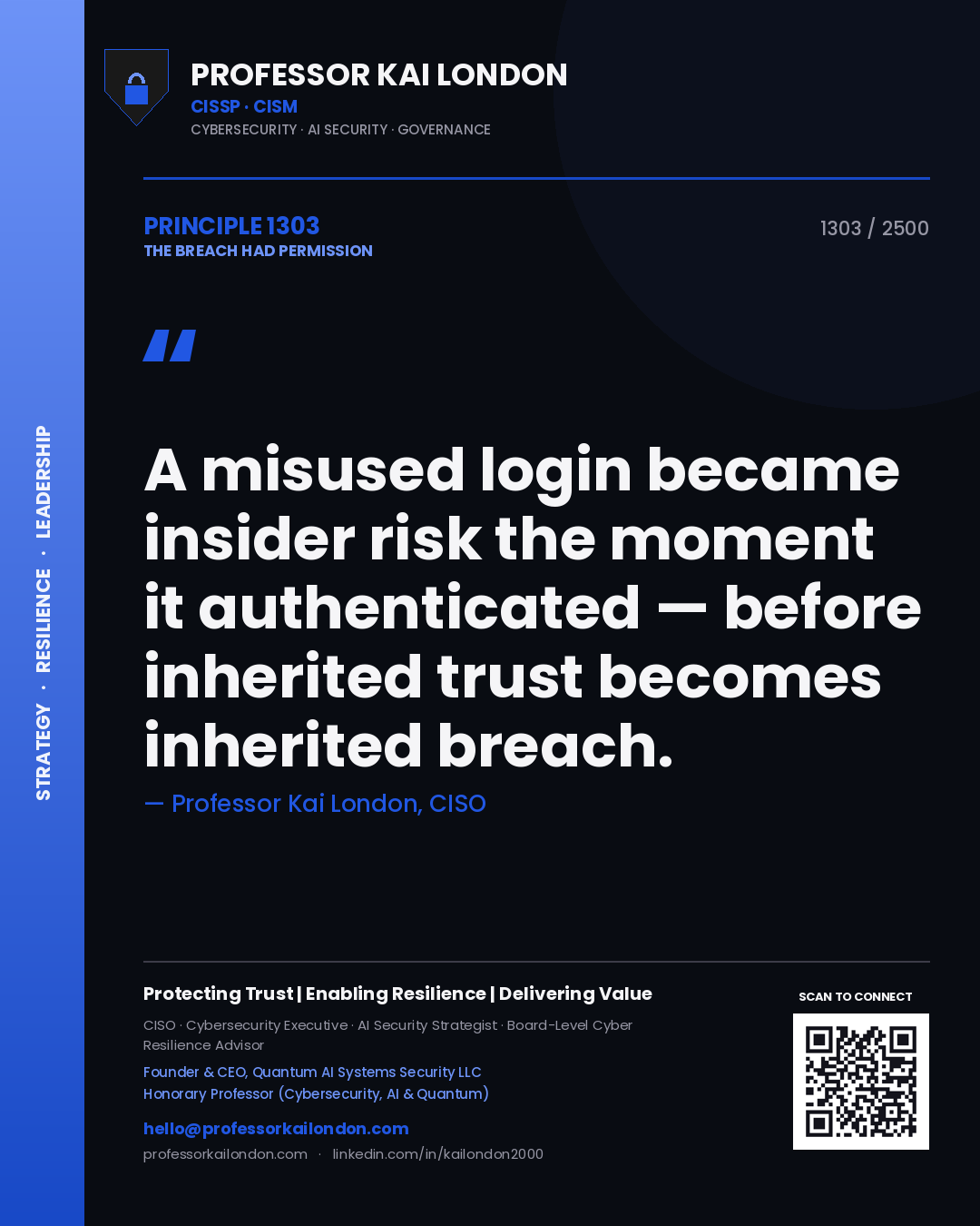Professor Kai London principle 1303: A misused login became insider risk the moment it authenticated — before inherited trust becomes inherited breach.