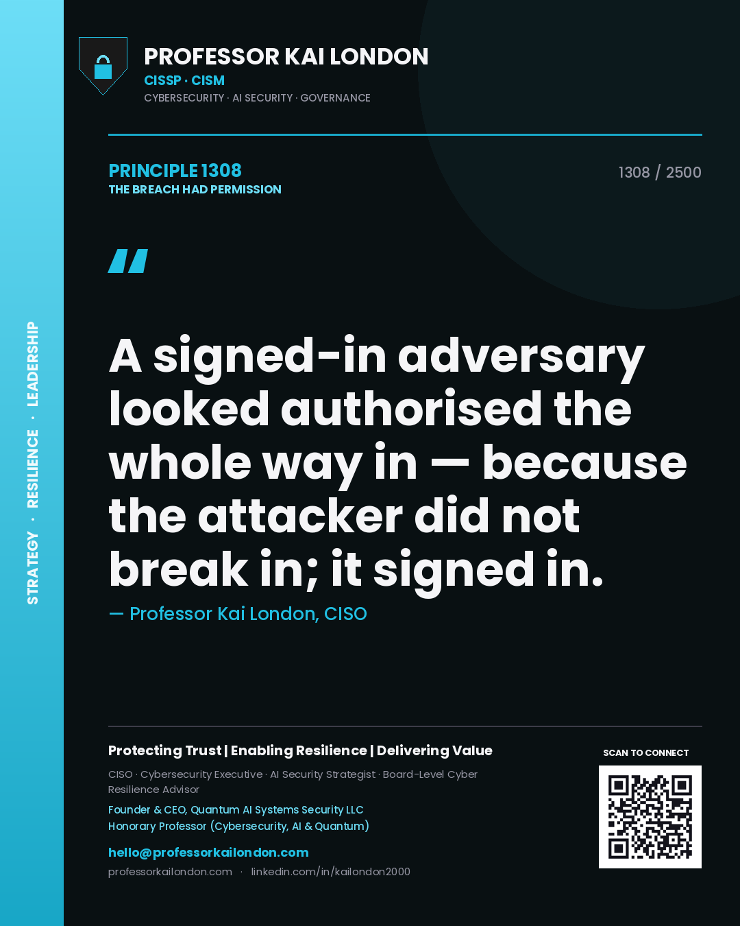 Quote card by Professor Kai London reading 'A signed-in adversary looked authorised the whole way in — because the attacker did not break in; it signed in.'. From the book The Breach Had Permission.
