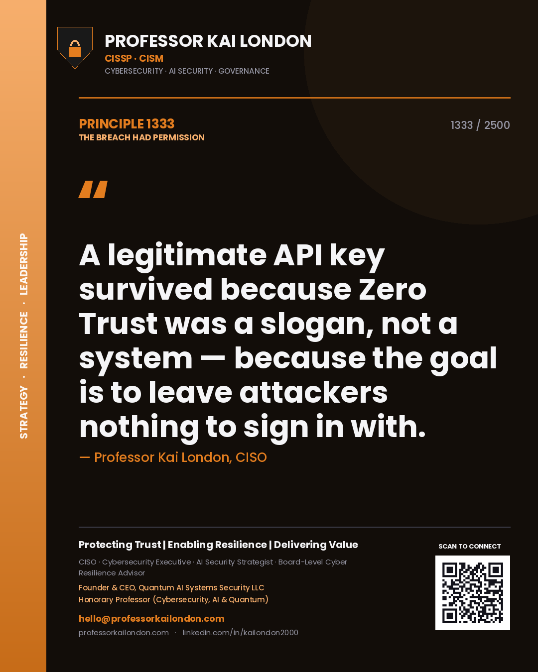 Professor Kai London principle 1333: A legitimate API key survived because Zero Trust was a slogan, not a system — because the goal is to leave attackers nothing to sign in with.